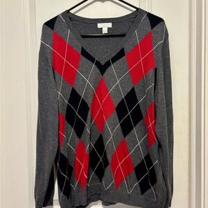 Charter Club V-Neck Sweater - Gray, Red, Black Argyle